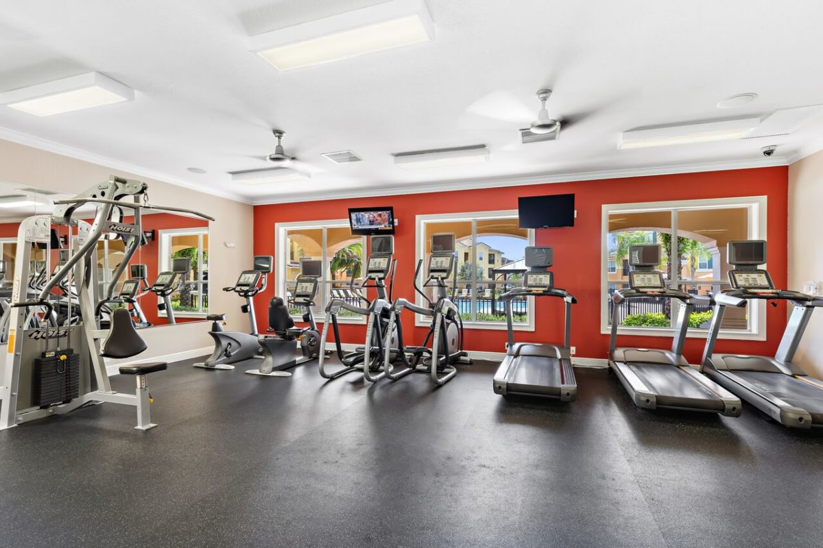 gym with, cardio equipment, weight machines