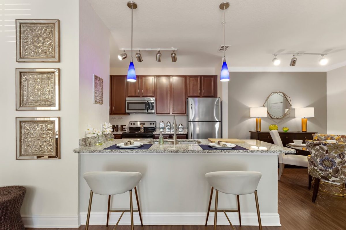 kitchen with counter and open area for guests to sit