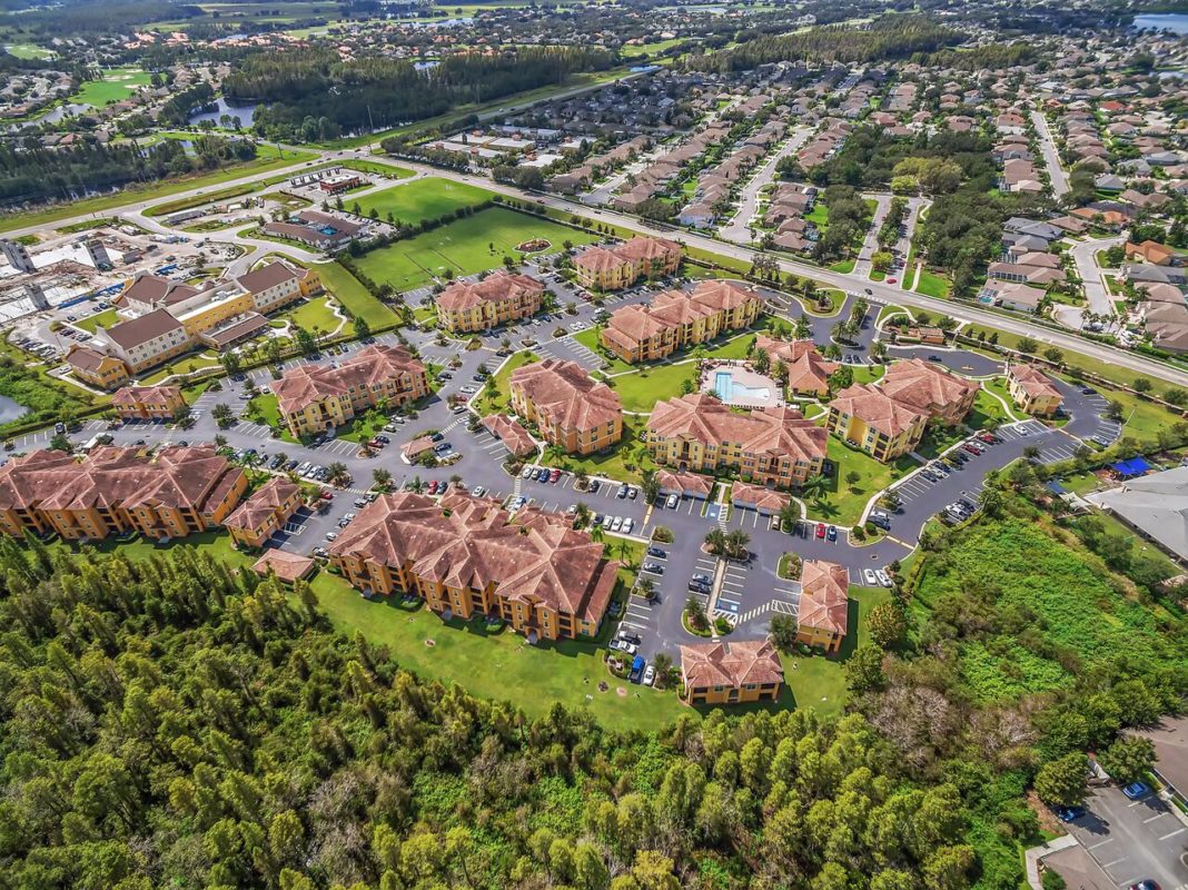 Areal view of apartment community and neighbourhood